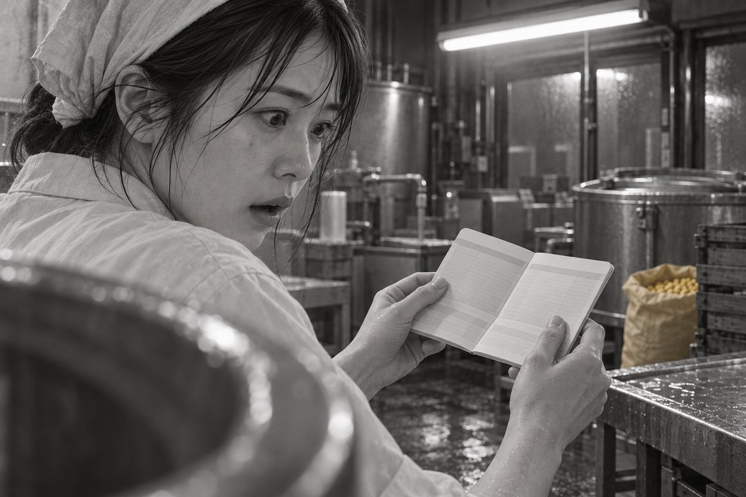 店の作業場の隅。通帳を開いたまま固まる真琴の手元を肩越しに。蛍光灯の白い光。大豆の麻袋が1つ、黄色い。