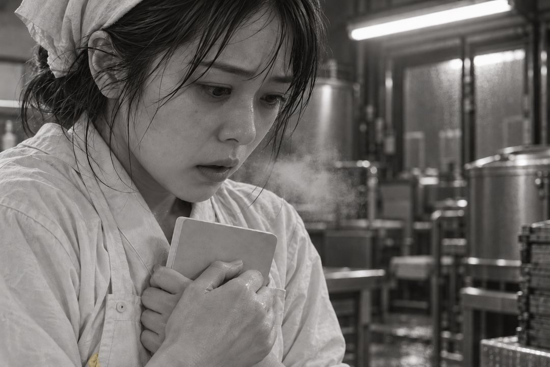 真琴の顔の寄り。湯気の消えた作業場で、目を見開いたまま通帳を胸に押し当てる。