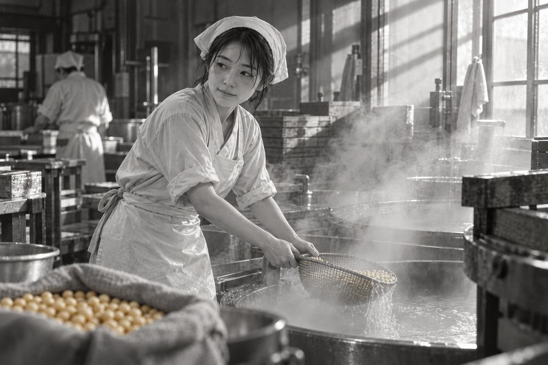 朝の作業場。釜の湯気の中、寝不足の目で大豆をすくう真琴。手前の麻袋の大豆が黄色い。