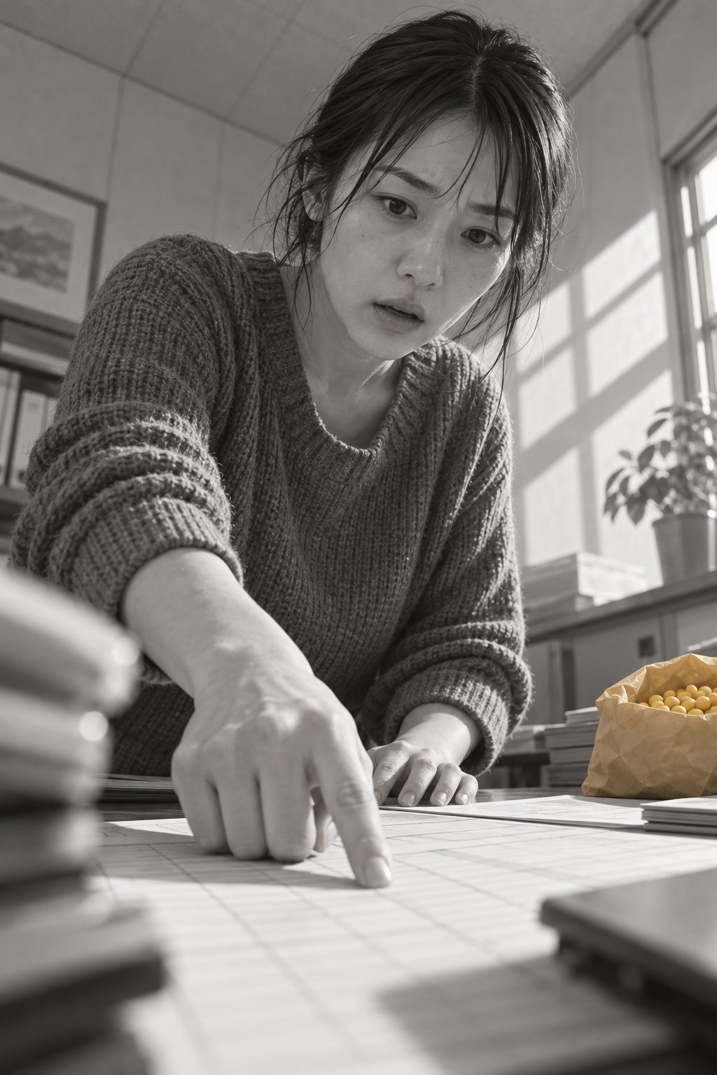 資金繰り表を見下ろす真琴を、机の上から見上げる角度。3月の欄に指が止まる。