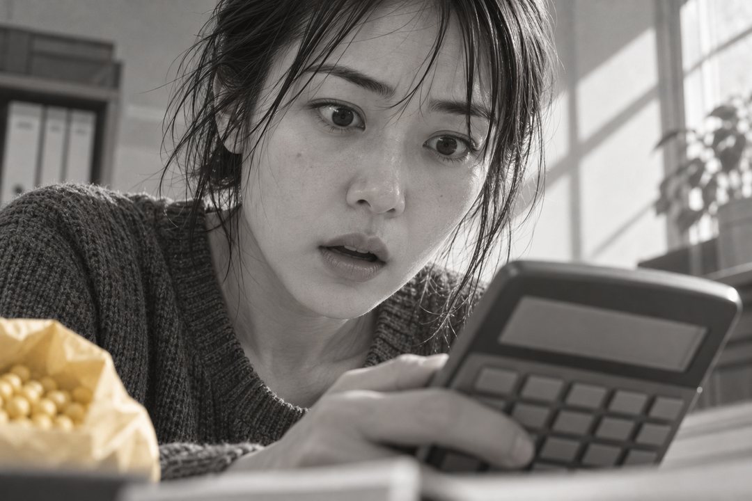 真琴の顔の寄り。口が半分開いたまま、電卓を持つ手が止まる。