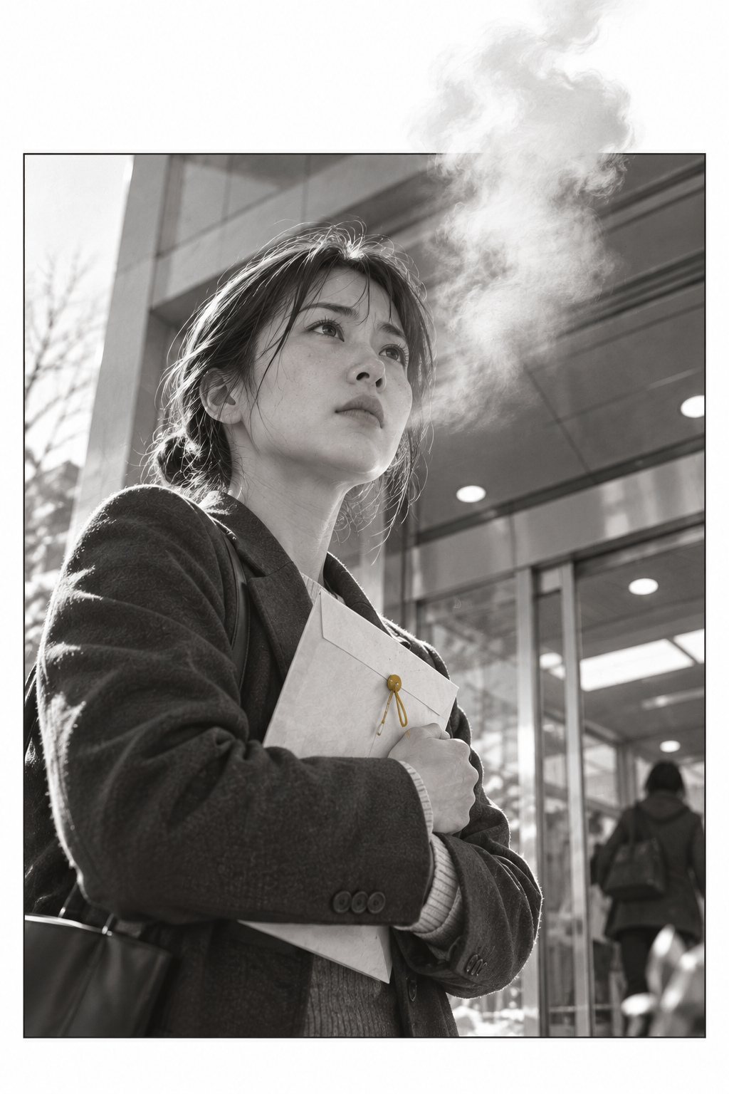 冬の昼の信用金庫の入口を低い角度から。自動ドアの前で、紺のジャケットの真琴が封筒を胸に抱えて深呼吸する。白い息。