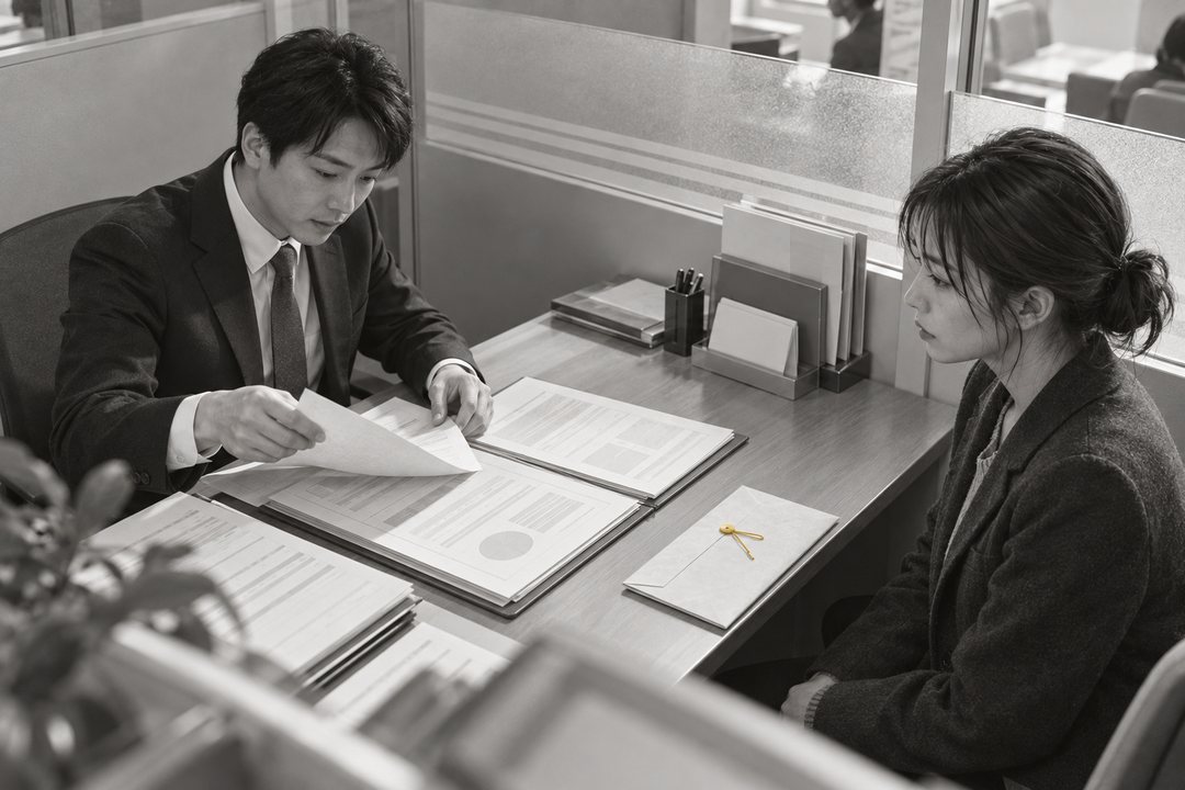 信用金庫の窓口の個室を少し高い所から。若い融資係の男が書類をめくる。向かいに、紺のジャケットの真琴が背筋を伸ばして座る。