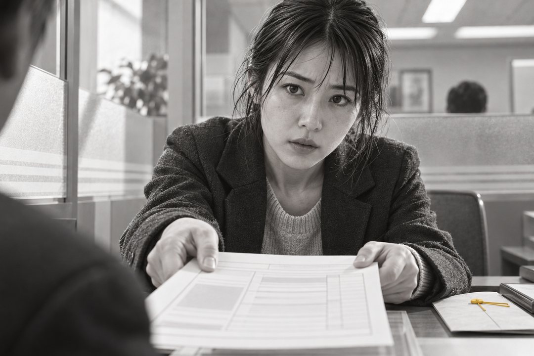 窓口の机を南の側から。真琴が、ハレマートの注文の案の紙を両手で差し出す。