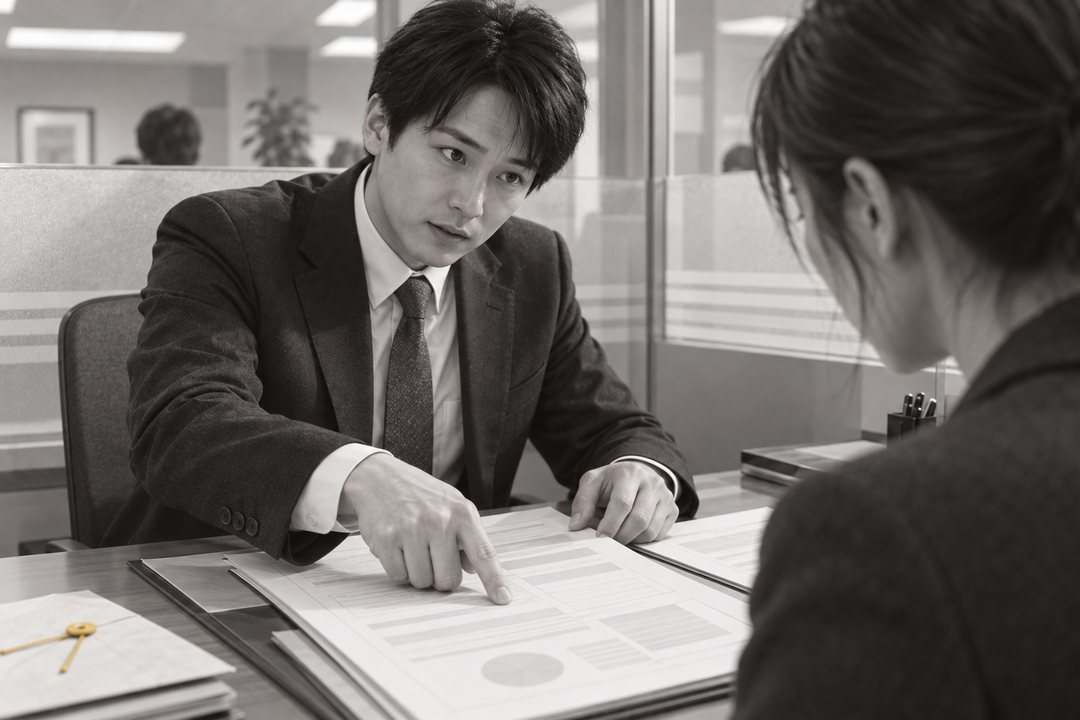 融資係の南が、注文の案の紙を指でたたき、首を少しかしげる。手前に真琴の後ろ頭。