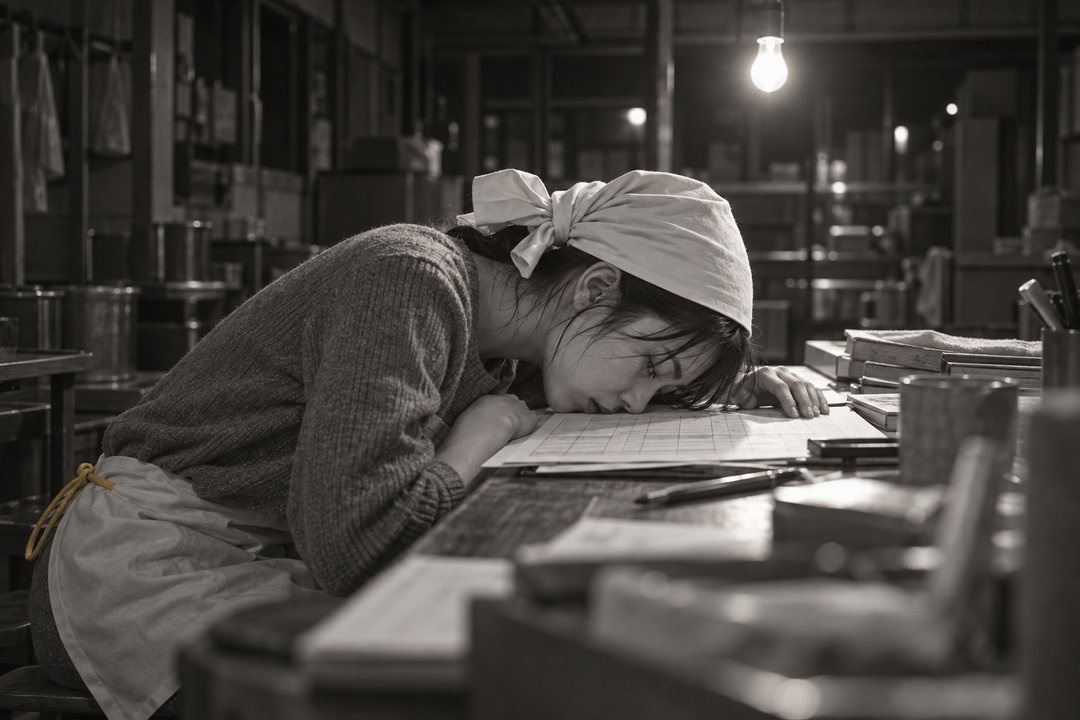 夜の作業場。裸電球の下、手ぬぐいを頭に巻いた真琴が机に突っ伏し、資金繰り表に頬をのせて目を閉じている。