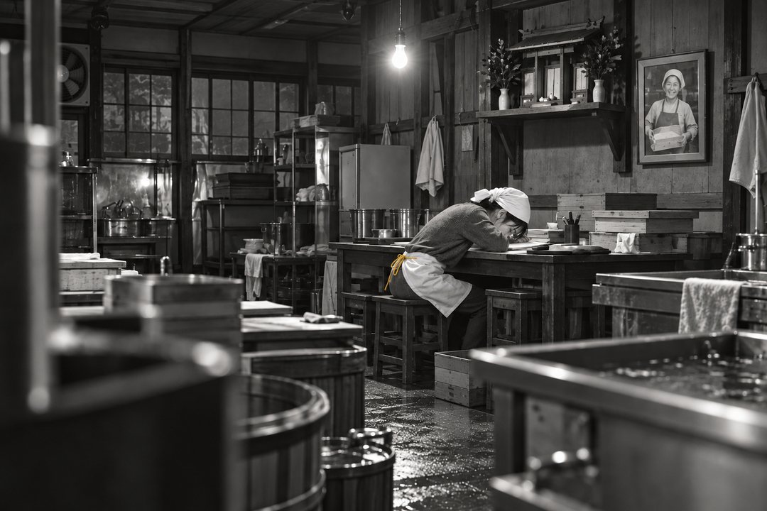 暗い作業場の全景を引いて。壁の神棚の横に、豆腐の箱を抱えて笑う女の人の古い写真。机に突っ伏す真琴が小さい。