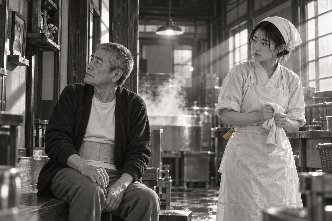 作業場の上がり框。左で源治が腰をかばって座り、壁の神棚の横の古い写真を見上げる。右で、真琴が手ぬぐいを握ったまま立ち尽くす。