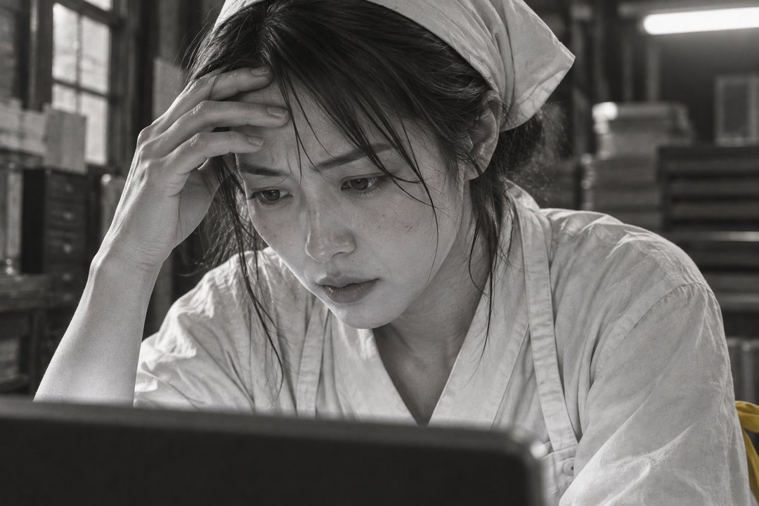 真琴の顔の寄り。画面の白い光を受け、眉を寄せて額に手を当てる。