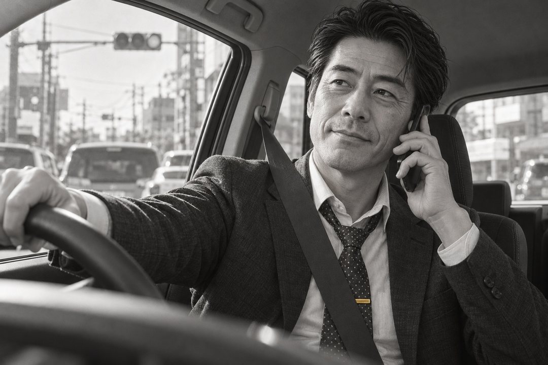 赤信号で停まった車の運転席。前の車も信号待ちで停まっている。黒須がスマホを耳に当て、片手をハンドルにのせて笑う。