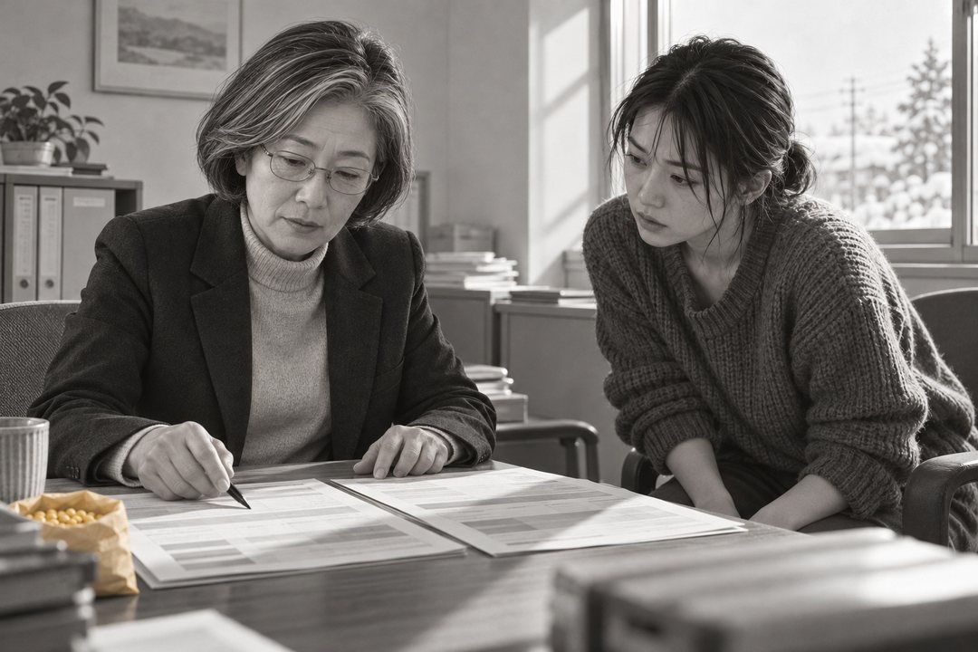 商工会議所の相談の部屋。左の土岐が、机に並べた2枚の見積書を見比べる。右の真琴は膝の上で両手を握り、身を乗り出す。