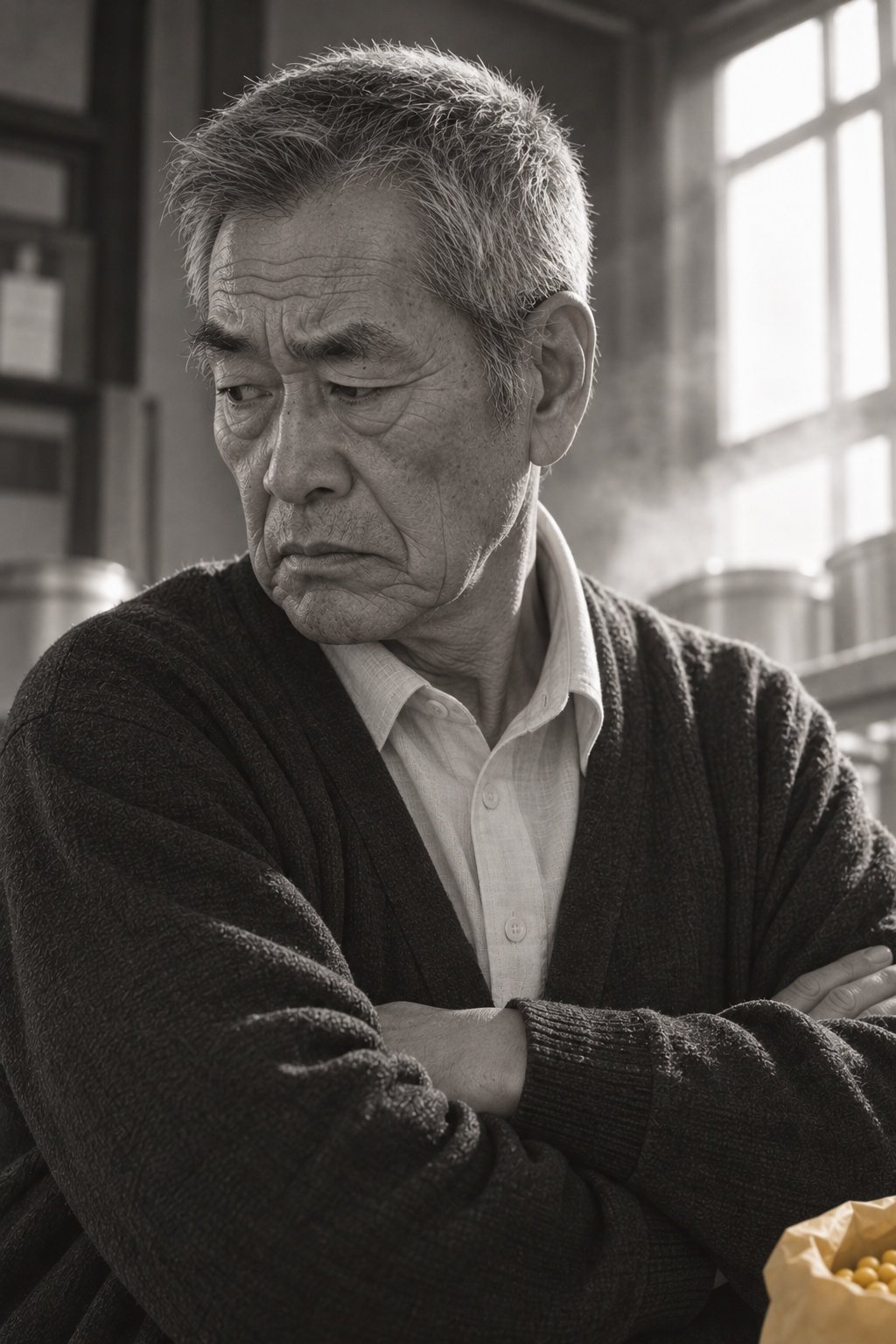 源治の顔の寄り。腕を組み、目をそらして口をへの字に結ぶ。