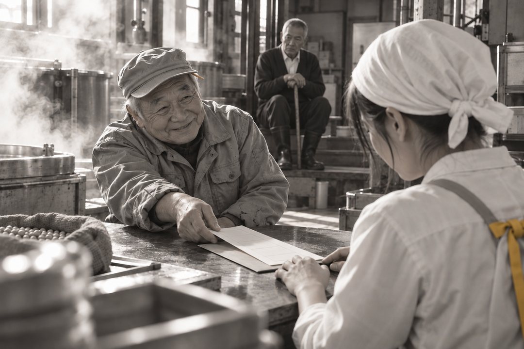 作業場の机越し。左の大庭が封筒から見積書を出し、右の真琴の前へすべらせる。奥の上がり框で、源治が杖に両手をのせて見ている。