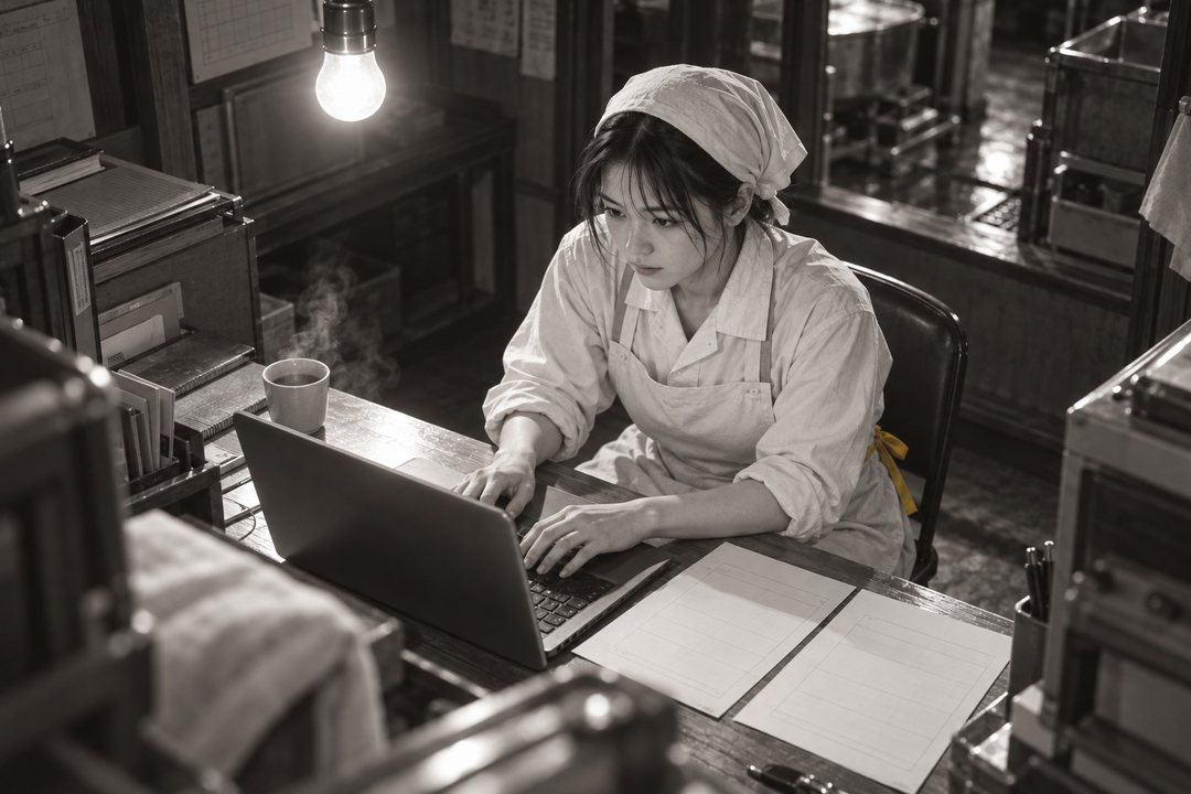 夜の帳場。真琴がノートパソコンに向かって打ち、横に2社の見積書を並べる。湯のみから湯気。