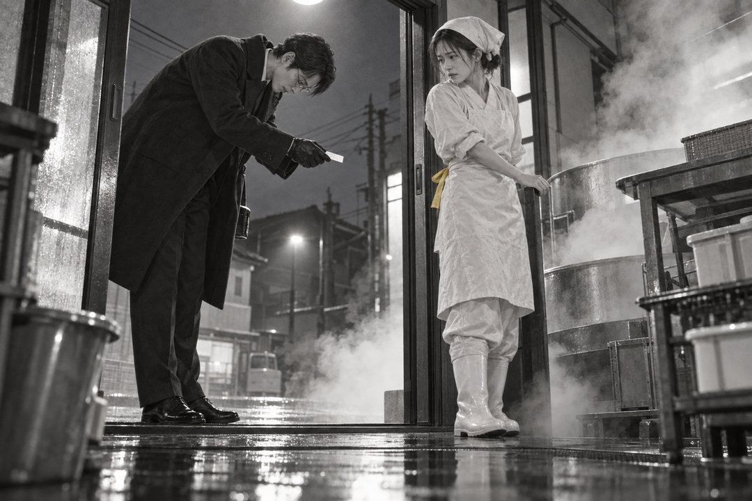 夜明け前の店の前。開けたガラス戸の湯気の中、前掛けの真琴が立つ。戸の外で、長い黒いコートの背の高い男が深く頭を下げ、名刺を両手で差し出している。