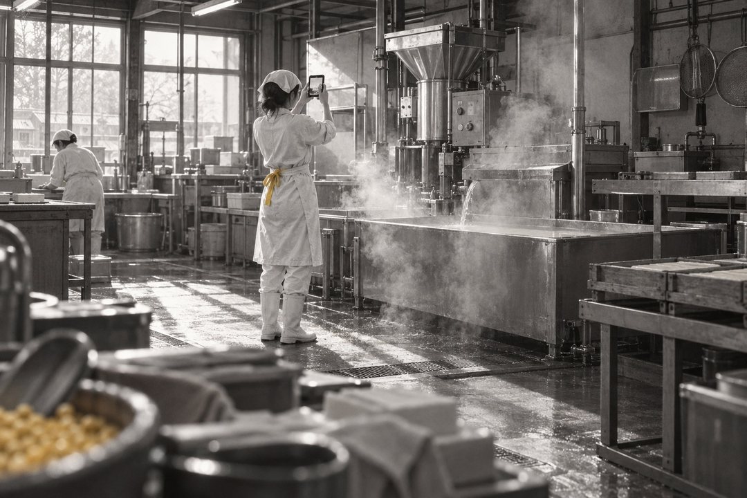 引きで。据え付けの終わった作業場。銀色の機械と冷却槽が壁際に並び、湯気の中で光る。真琴がもう一度スマホを構える。