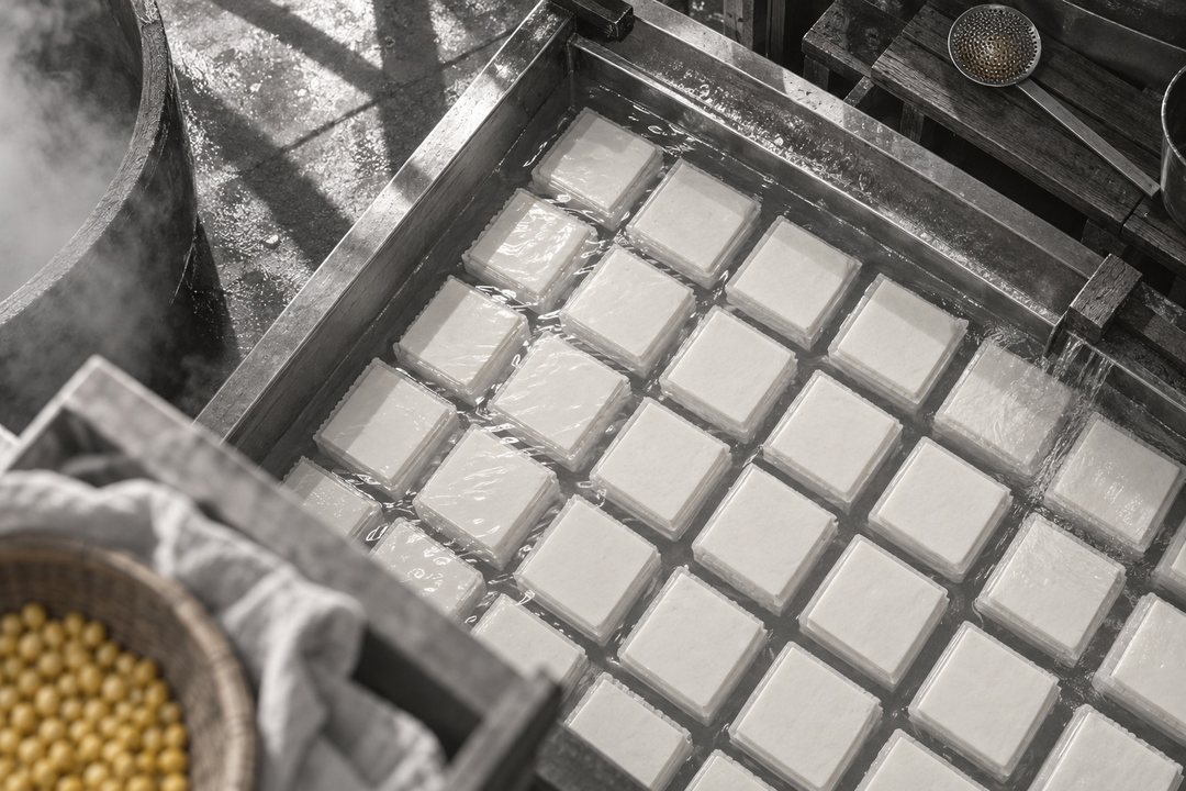 冷却槽の中に、白いパックの豆腐が升目のようにびっしりと並ぶ。斜め上から。手前に大豆のざる。