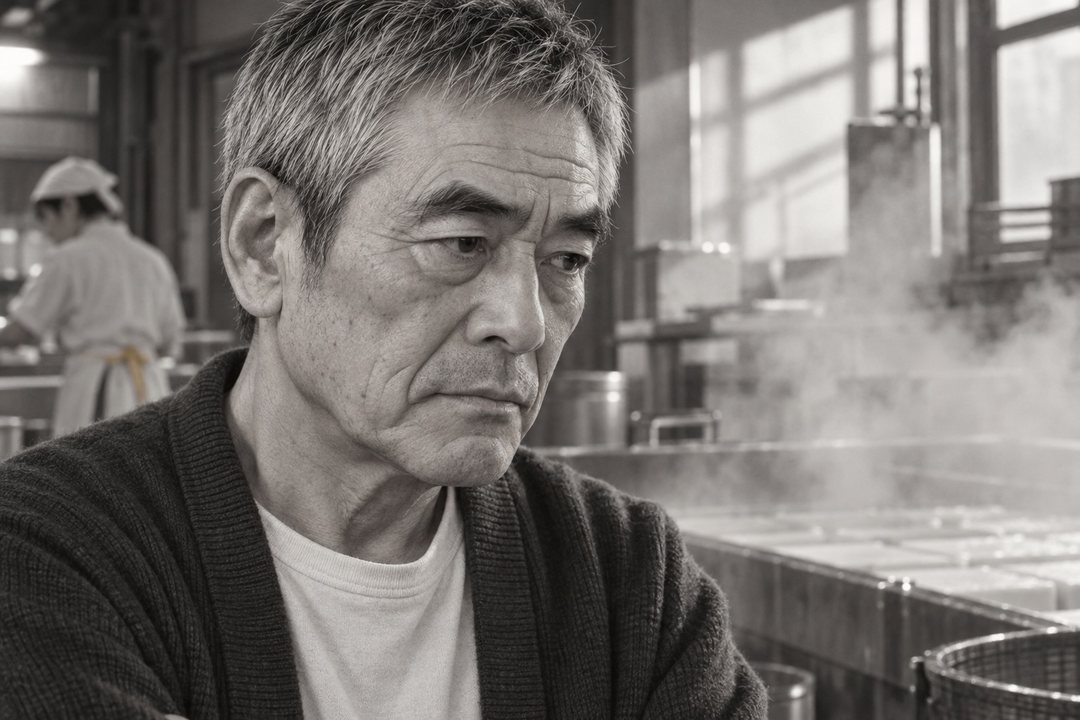 源治の顔の寄り。口を結び、目だけが冷却槽を見ている。
