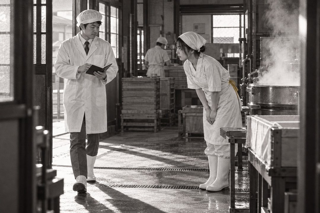 夕方の作業場の入口。スーツの上に作業用の白衣を羽織った細身の男が、帽子をかぶり、手帳を手に入ってくる。真琴が頭を下げて迎える。
