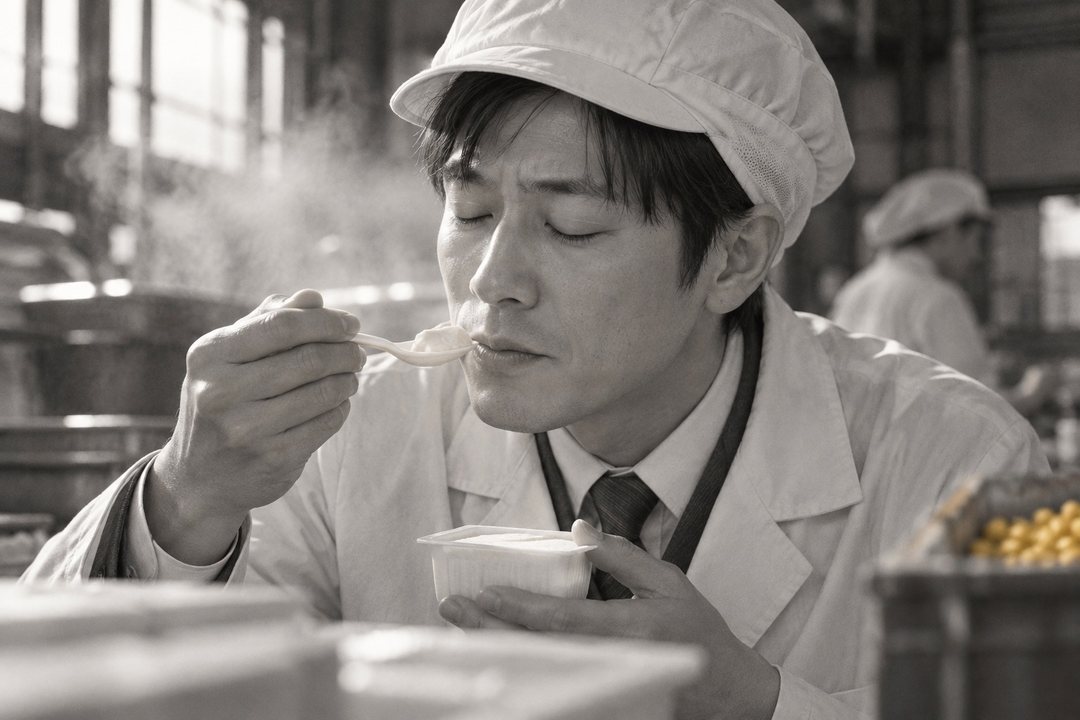 森川がスプーンでパックの豆腐をひと口すくって食べる寄り。目を閉じ、少し間をおく。片手にパック。