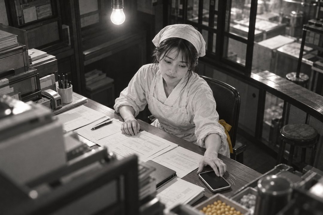 夜の帳場。裸電球の下の机に、見積書・契約書・請求書・振込の控えを並べる真琴。机の上でスマホが震える。