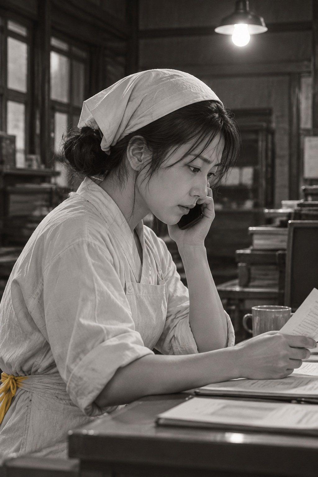 真琴の横顔の寄り。スマホを耳に当て、手元の紙に目を落としたまま、息を吸う。