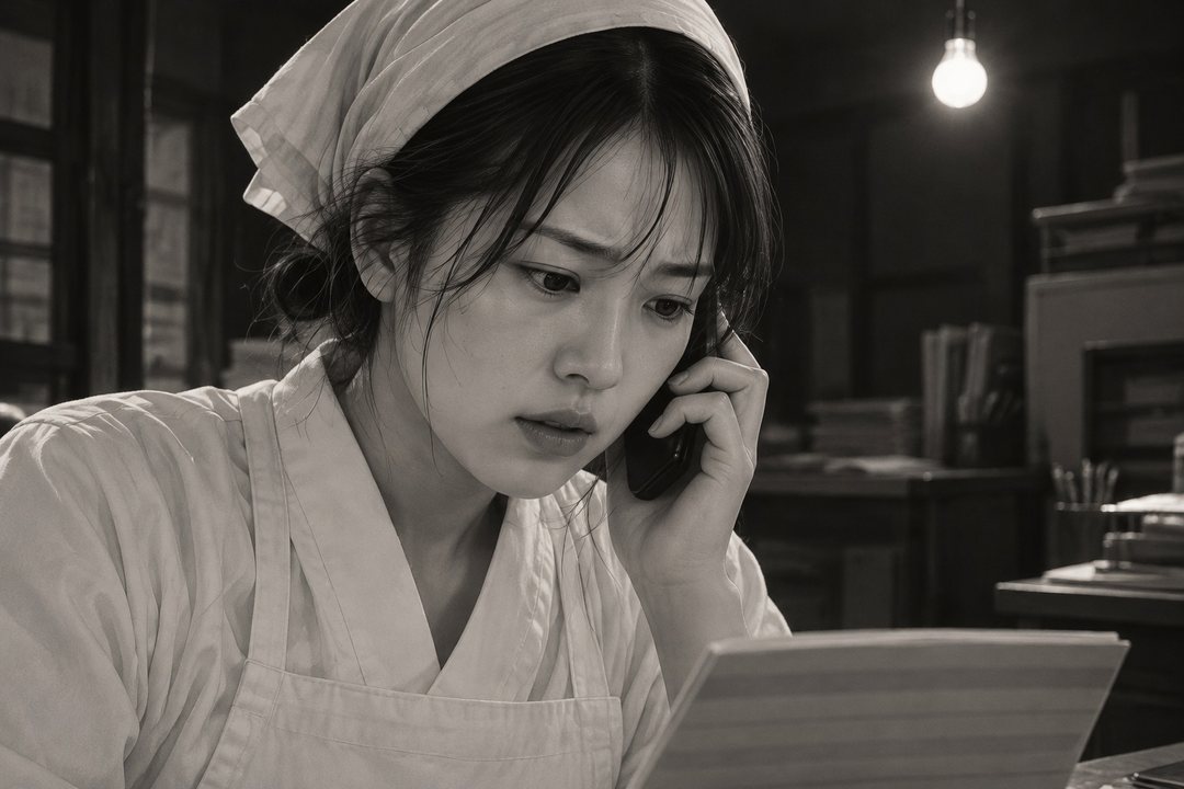 真琴の顔の寄り。耳にスマホを当てたまま、目だけが机の通帳に落ちている。裸電球の白い光。
