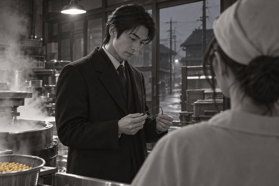 真琴の肩越しに、男が少し目を伏せ、外したままの眼鏡を指で持ち直す。窓の外はまだ暗い通り。