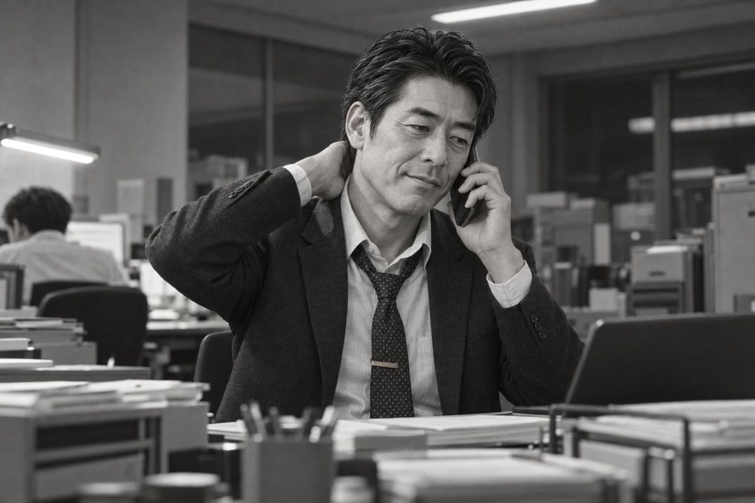 夜の小さな事務所の机。ゆるいネクタイの黒須がスマホを耳に当て、片手で首の後ろをかく。笑った口もとだけが少し固い。白い蛍光灯。