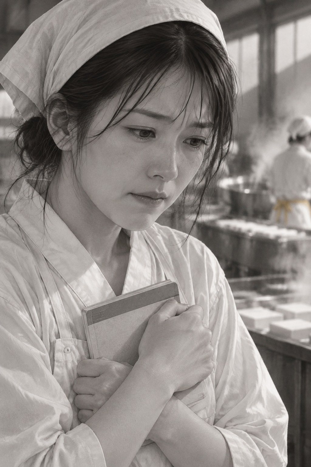 真琴の胸から上の寄り。通帳を両腕で胸に抱え、目を伏せて言葉を探す。