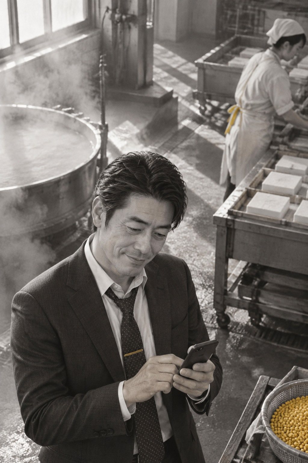 少し上から、黒須の胸から上。スマホの画面に親指を滑らせ、顔を上げないまま笑って話す。