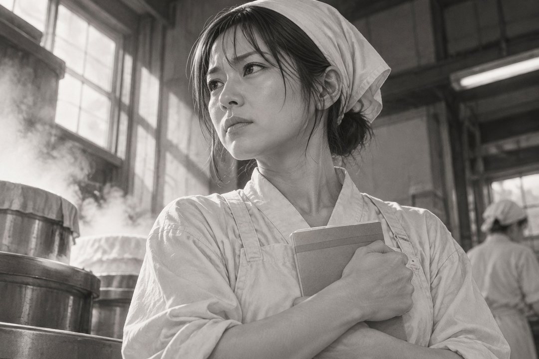 真琴の顔の寄りを少し下から。通帳を抱えた腕に力が入り、唇を結んで横を見る。後ろは作業場。