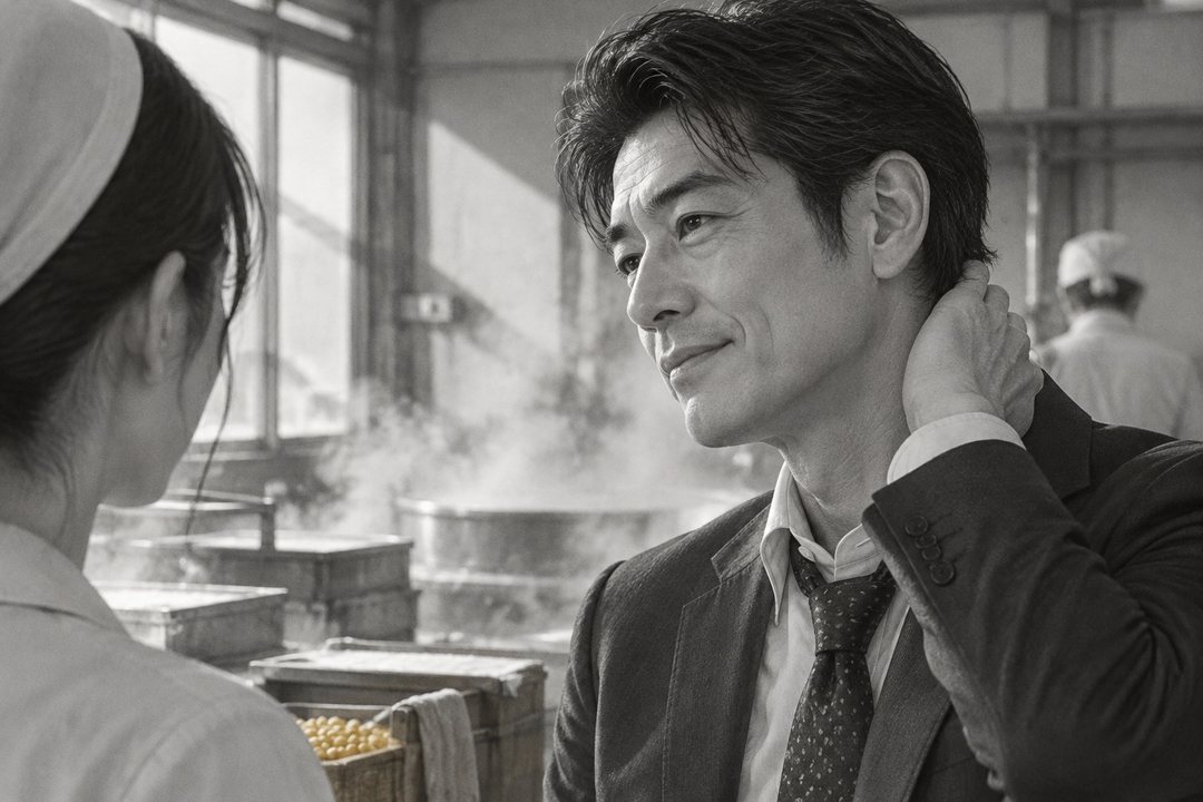 黒須が笑ったまま、片手で首の後ろをかく。手前の左に真琴の後ろ姿。少し横から。