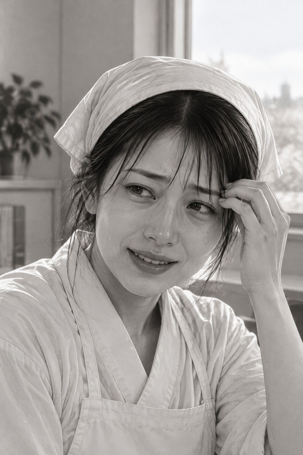 真琴の顔の寄り。眉を下げて笑い、前髪を押さえる。窓の白い光。