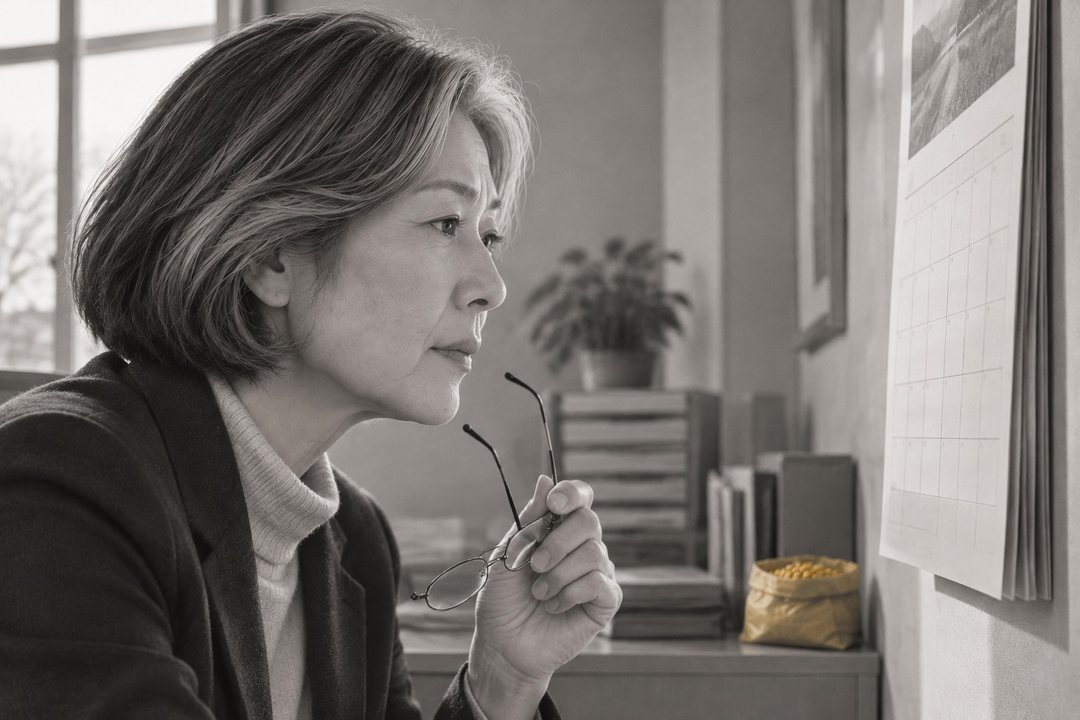 土岐の横顔の寄り。眼鏡を外して手に持ち、細めた目で壁のカレンダーを見る。