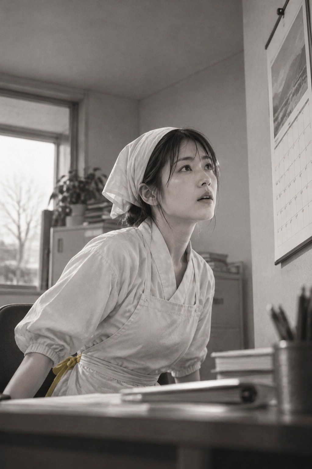 真琴を机の高さから。椅子から腰を浮かせ、壁のカレンダーの方を見る。カレンダーの字は読めない。