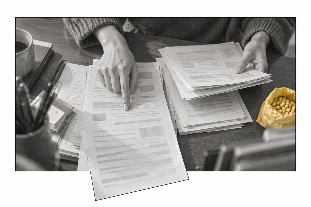 斜め上から。机の上に並べた紙を、土岐の指が押さえていく。紙の字は読めない。そばに大豆の黄色い小袋。