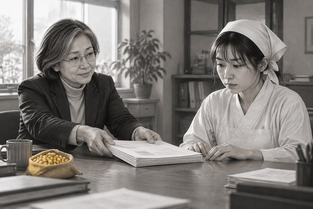 土岐が眼鏡をかけ直し、紙の束をそろえて真琴の前へ押す。口の端だけが少し上がっている。