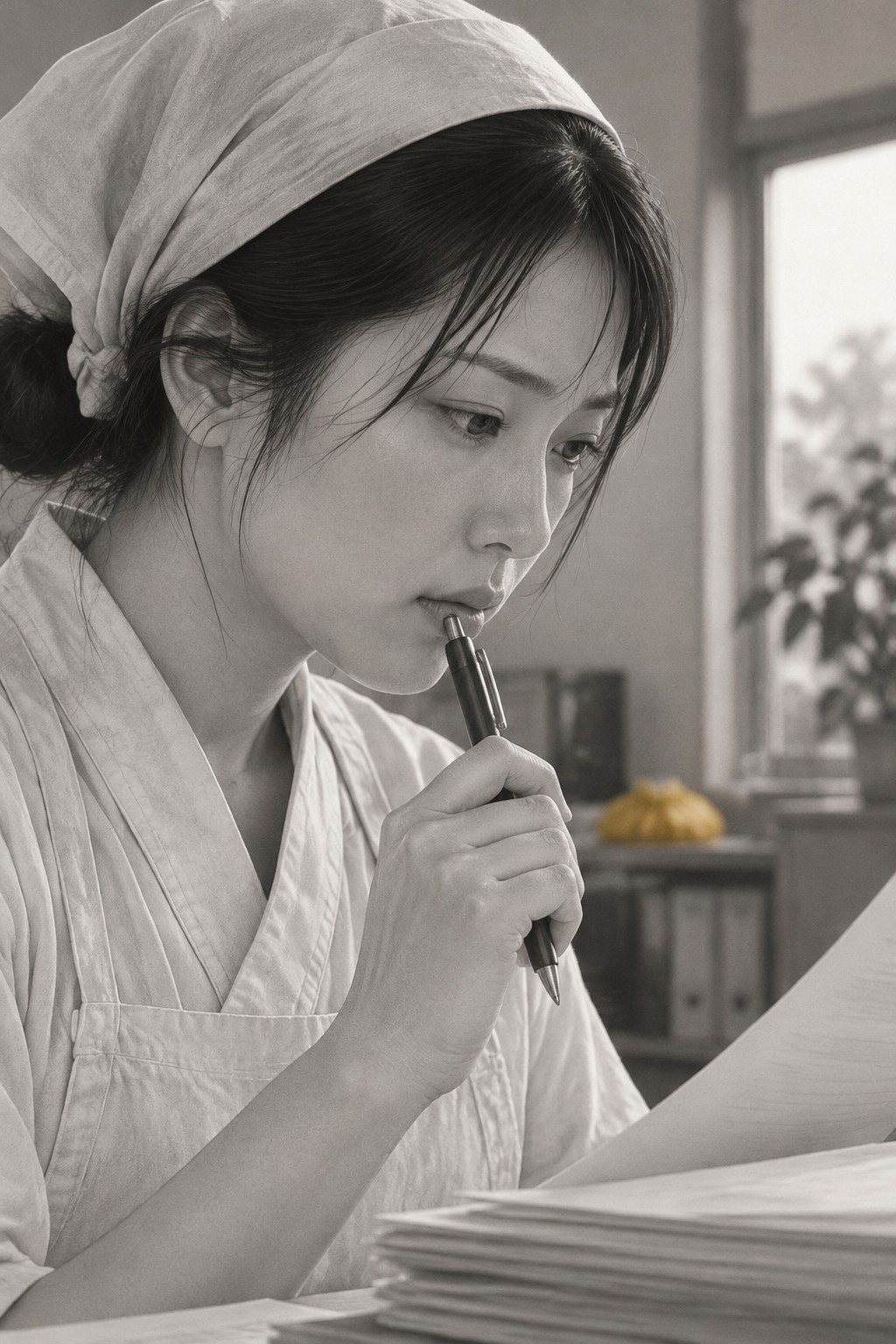 真琴の横顔の寄り。紙の束を見て、ペンの尻を唇に当てる。