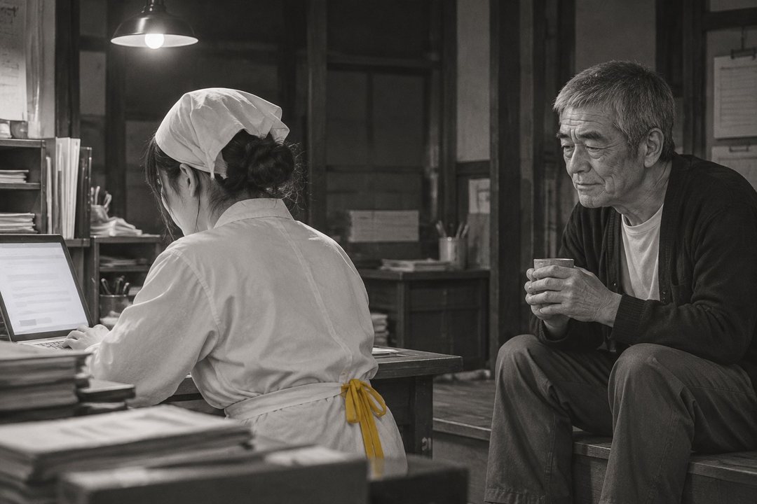 夜の帳場。右の上がり框に座った源治の横顔。湯のみを両手で包み、目を細めて、左の机でパソコンに向かう真琴の背中を見ている。裸電球の白い光。