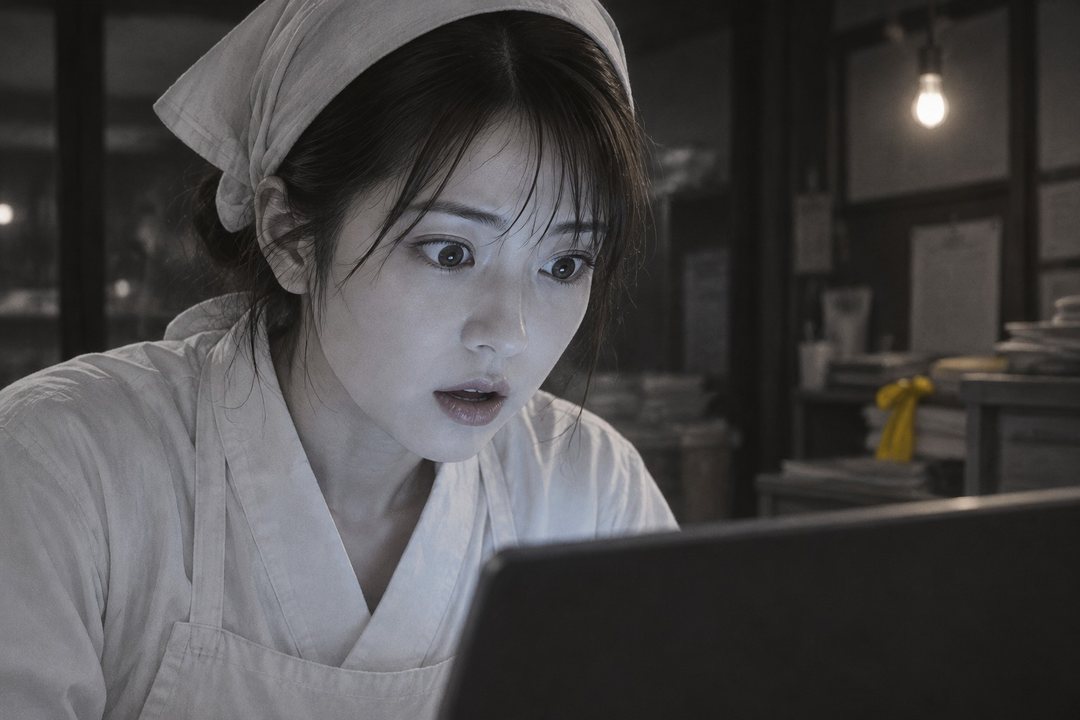 真琴の顔の寄り。画面の青白い光の中で、目を見開いたまま固まる。