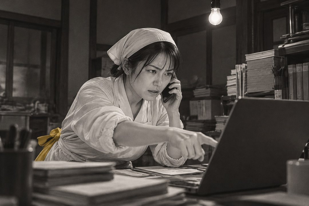 夜の帳場。真琴がスマホを耳に当て、もう片方の手でパソコンの画面を指さす。裸電球の白い光。