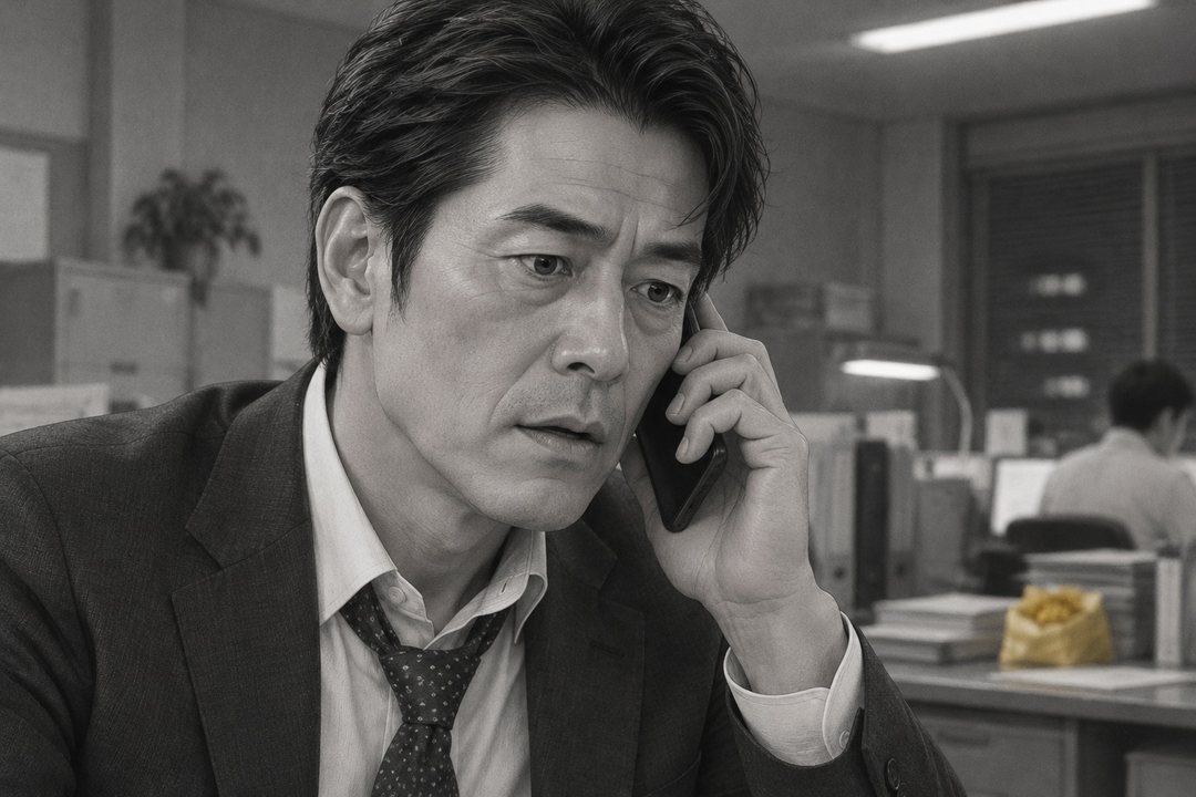 黒須の顔の大写し。夜の事務所の白い蛍光灯。スマホを耳に当てたまま、笑いの消えた口が小さく開いて止まる。