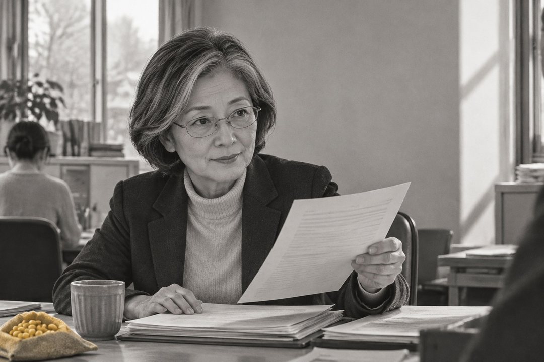 土岐が紙の束から1枚を抜いて持ち上げ、眼鏡ごしに真琴を見る。机の上に湯のみと大豆の小袋。