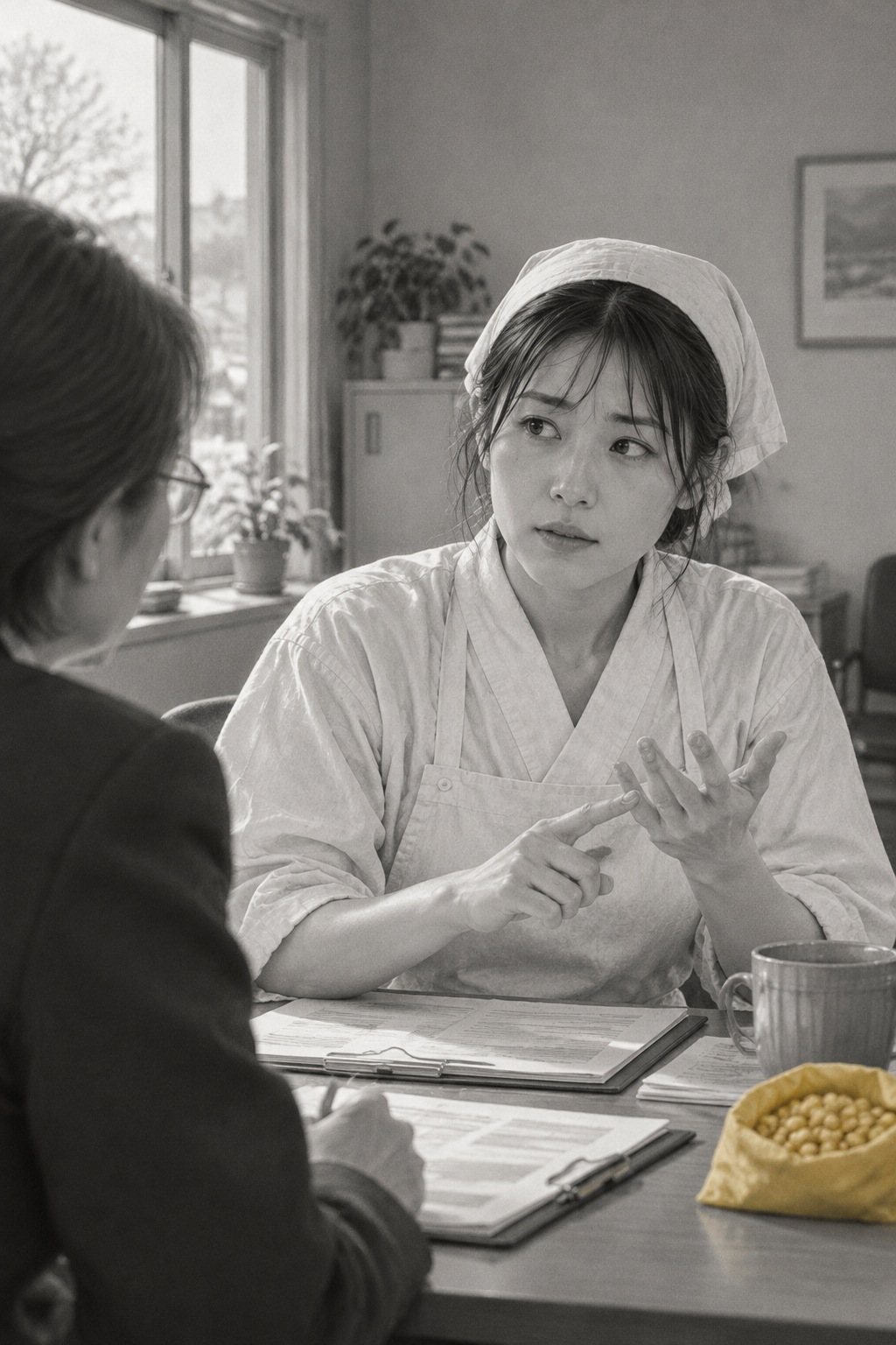 机の向こうの真琴の胸から上。指を折って日を数えながら答える。手前の左に土岐の後ろ姿。