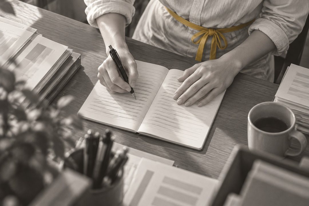 寄り。真琴が小さな手帳に急いで書き込む手元(字は読めない)。前掛けの黄色いひもが手帳の上にかかる。