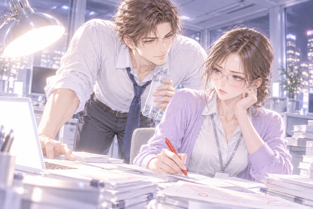 机に片手をついて身を乗り出す、ネクタイをゆるめた男性社員(左)と、頬づえをついて紙に赤ペンを当てる若い女性社員(右)。男性の手には飲み物の瓶。