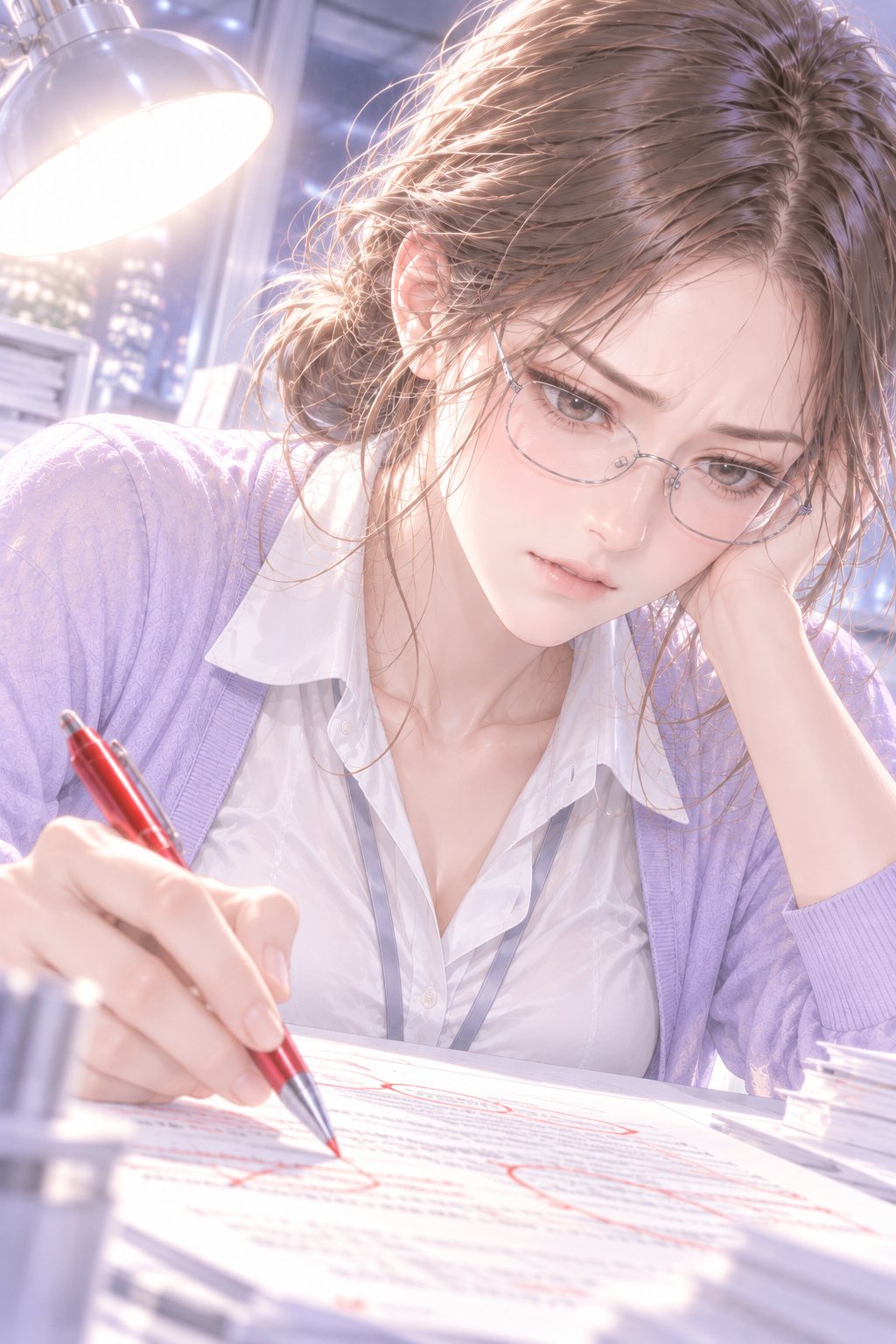 頬づえをつき、赤ペンの先を紙の上の一行に当てて、困ったように眉を寄せる若い女性社員の寄り。ゆるくまとめた髪、細い銀縁の眼鏡、首から無地の社員証。