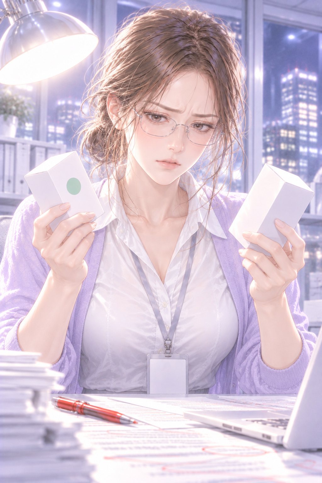 若い女性社員が、机の上の白い箱を2つ（どちらも字の無い箱）左右の手に持って見比べる手元と顔。片方の箱には小さな緑の丸い印の形だけ。