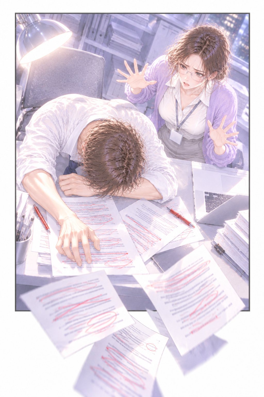 机に突っ伏す男性社員(左)。赤い直しの入った紙が、机の端から何枚も滑り落ちる。奥(右)で若い女性社員が両手を上げておろおろしている。